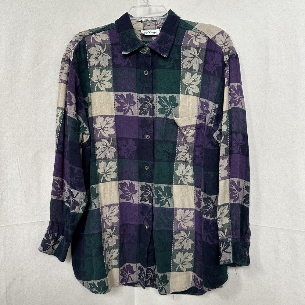90s Vtg Krazy Kat Artsy Rustic Cotton Leaf Patchwork Shirt Purple Sz 18/20 READ